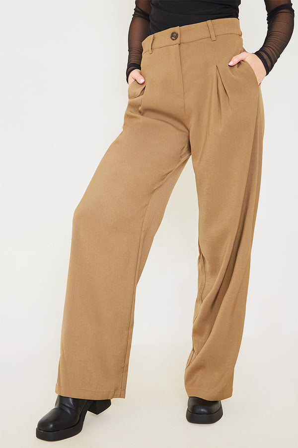 In The Style In The Style Pleat Front Straight Leg Trousers Taupe