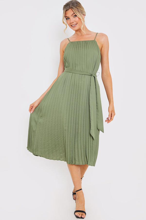 in the style In the Style Pleated Belt Detail Midi Dress Green