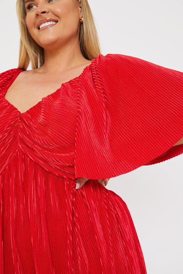 In The Style In The Style Pleated Flutter Sleeve Midi Dress Red