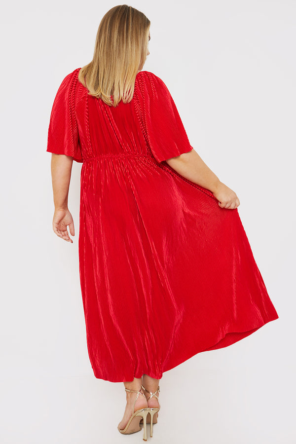 In The Style In The Style Pleated Flutter Sleeve Midi Dress Red