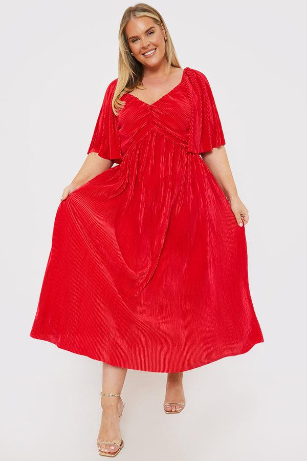 in the style In the Style Pleated Flutter Sleeve Midi Dress Red