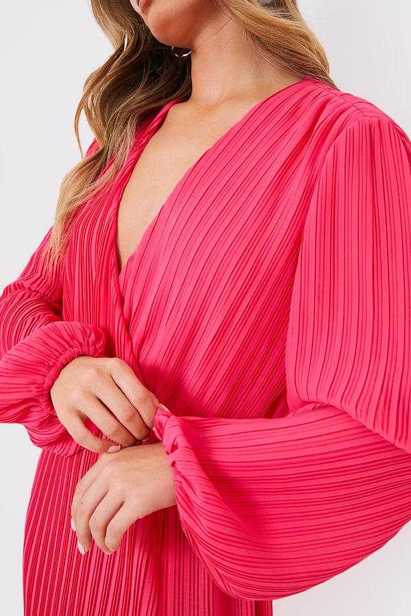 In The Style In The Style Plisse Ballon Sleeve Maxi Dress Pink