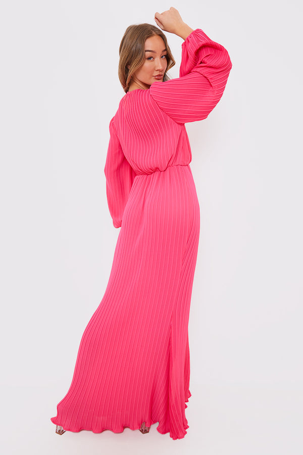 In The Style In The Style Plisse Ballon Sleeve Maxi Dress Pink