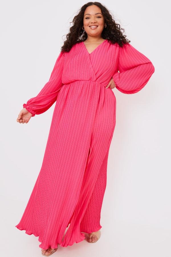 In The Style In The Style Plisse Ballon Sleeve Maxi Dress Pink