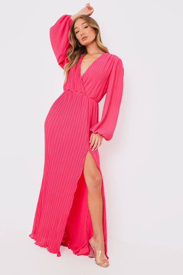 in the style In the Style Plisse Ballon Sleeve Maxi Dress Pink