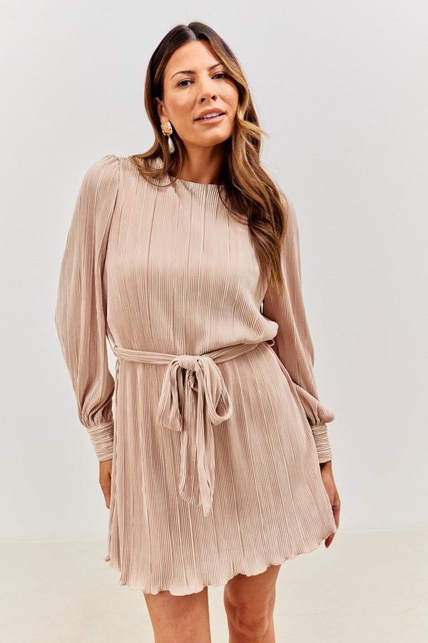 in the style In the Style Plisse Belted Mini Dress Sand