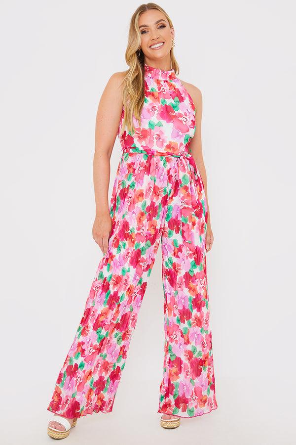 In The Style In The Style Plisse Sleeveless Wide Leg Jumpsuit Coral