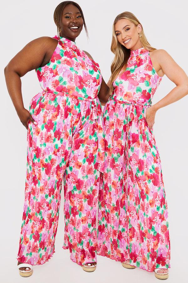 in the style In the Style Plisse Sleeveless Wide Leg Jumpsuit Coral