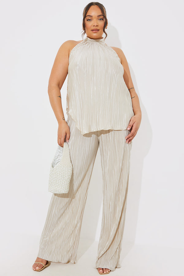 In The Style In The Style Plisse Wide Leg Co-Ord Trousers Stone