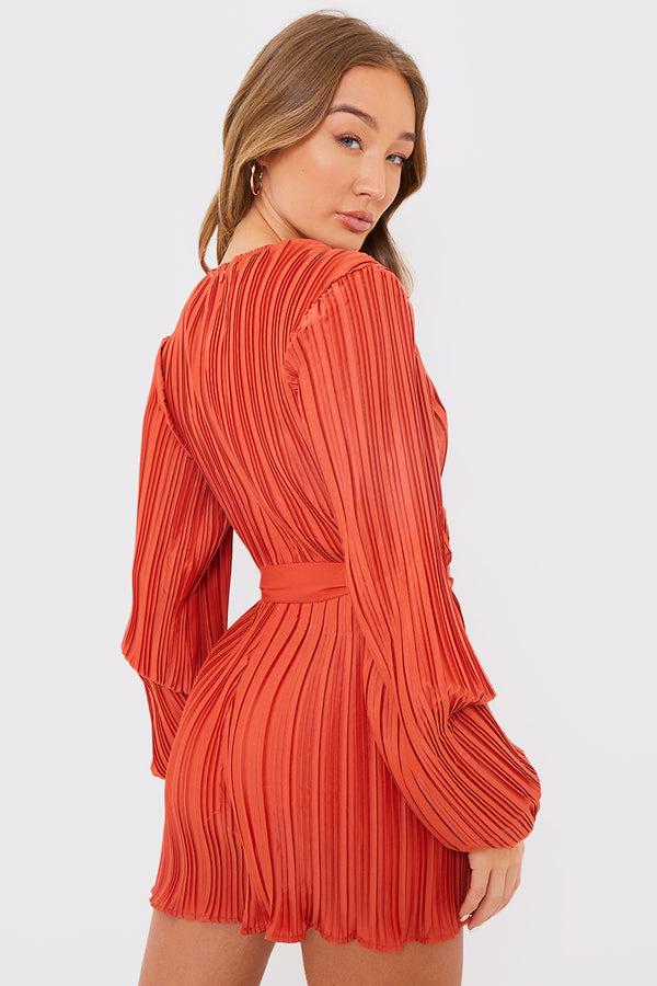 In The Style In The Style Plisse Wrap Playsuit Rust