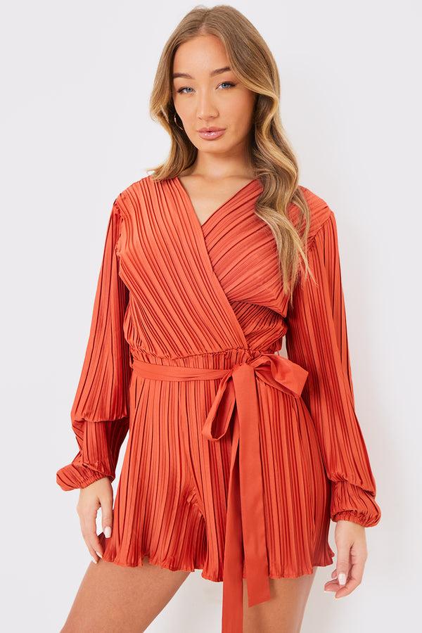 in the style In the Style Plisse Wrap Playsuit Rust