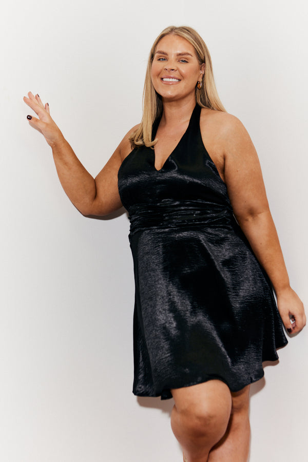 In The Style In The Style Plunge Halterneck Tie Back Satin Mini Dress Black
