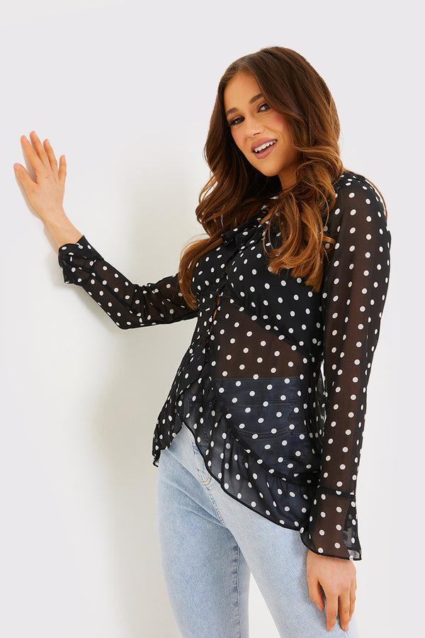 In The Style In The Style Polka Dot Chiffon Frill Tie Blouse Black