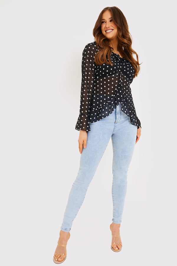 in the style In the Style Polka Dot Chiffon Frill Tie Blouse Black