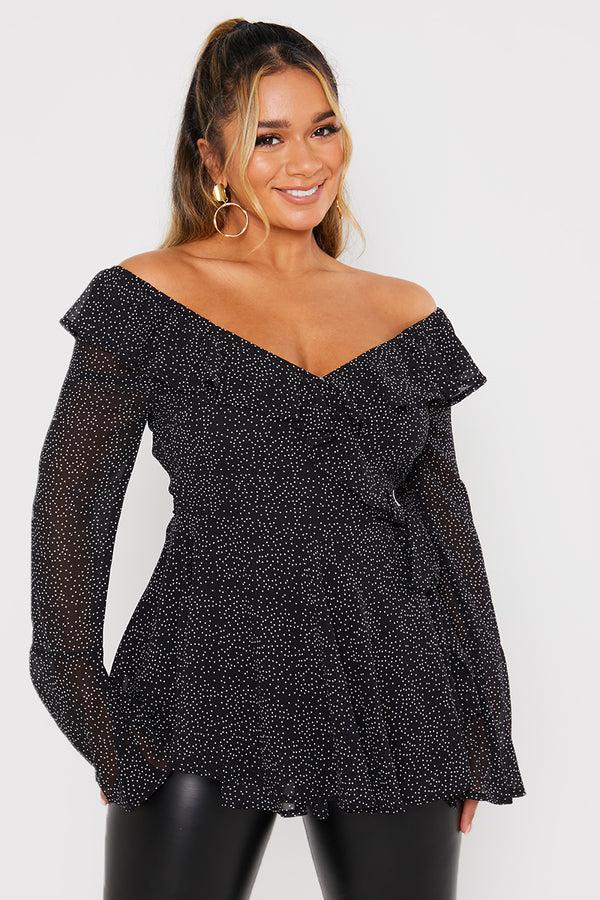 In The Style In The Style Polka Dot Print Off The Shoulder Top With Tie Waist Black