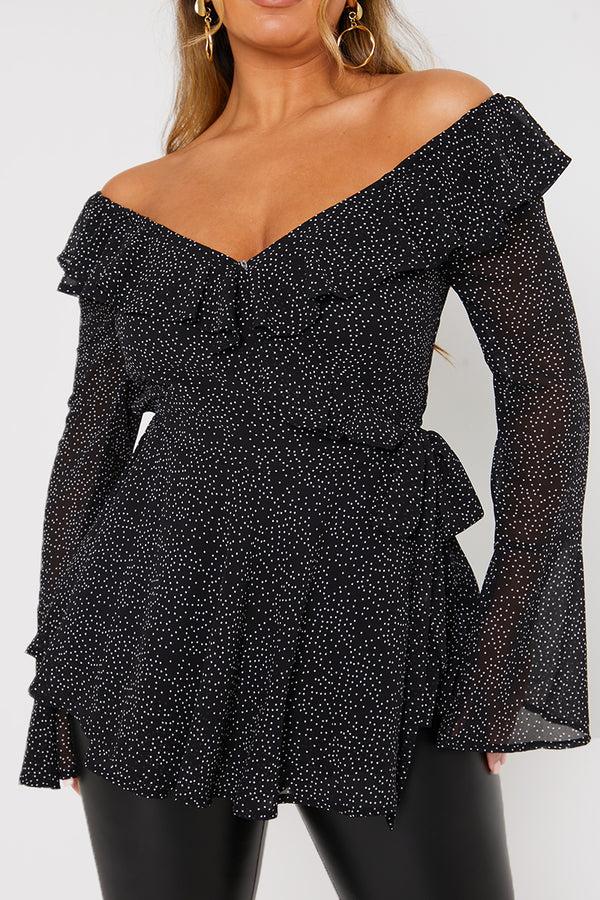 In The Style In The Style Polka Dot Print Off The Shoulder Top With Tie Waist Black