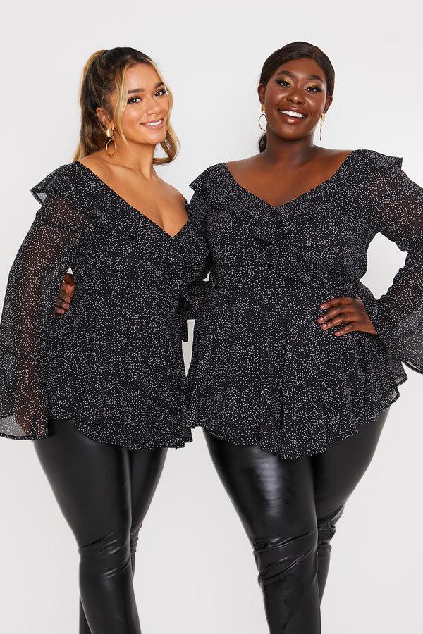 in the style In the Style Polka Dot Print Off The Shoulder Top With Tie Waist Black