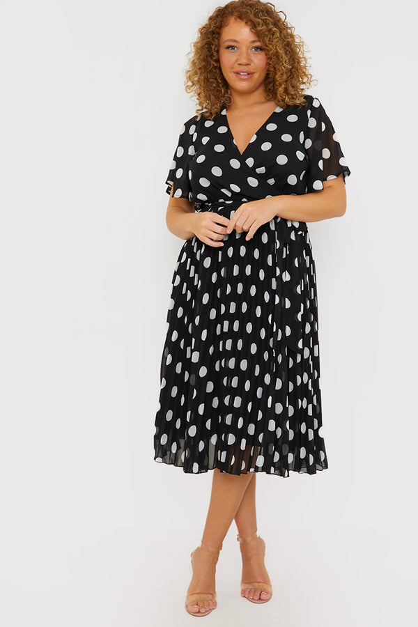 In The Style In The Style Polka Dot Print Pleated Wrap Midi Dress Black
