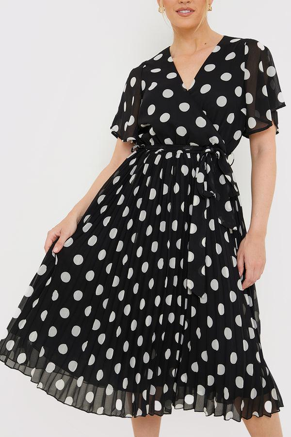 In The Style In The Style Polka Dot Print Pleated Wrap Midi Dress Black