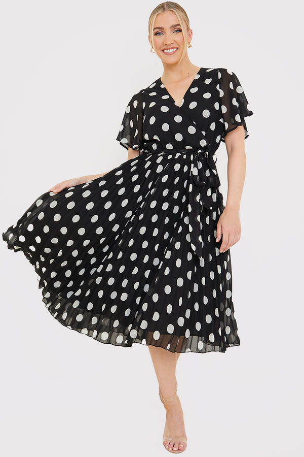 in the style In the Style Polka Dot Print Pleated Wrap Midi Dress Black