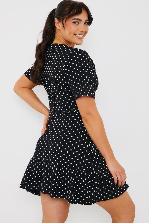 In The Style In The Style Polka Dot Print Short Sleeve Wrap Swing Dress Black