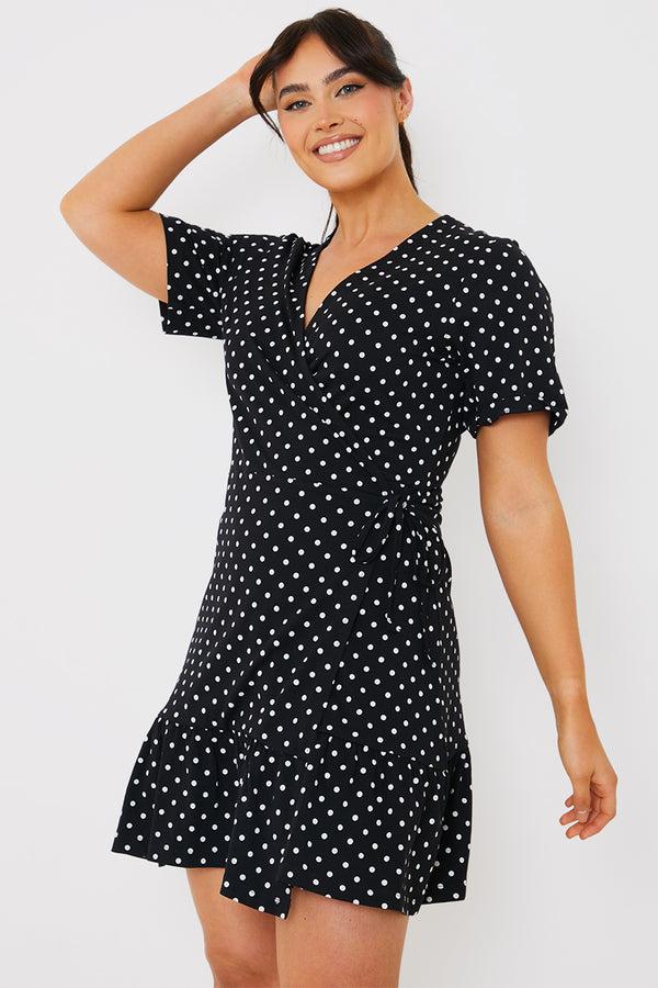 in the style In The Style Polka Dot Print Short Sleeve Wrap Swing Dress Black