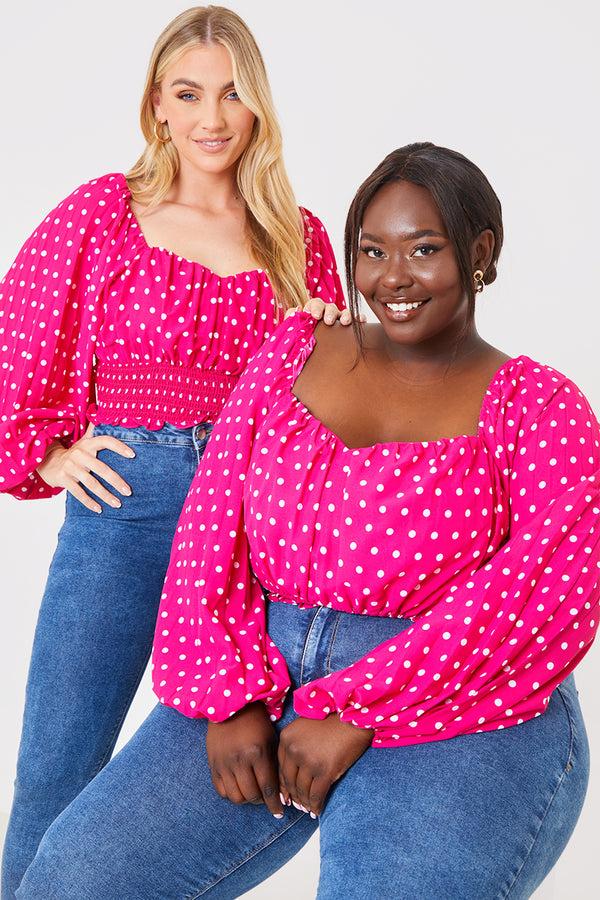 In The Style In The Style Polka Dot Shirred Waist Top Pink