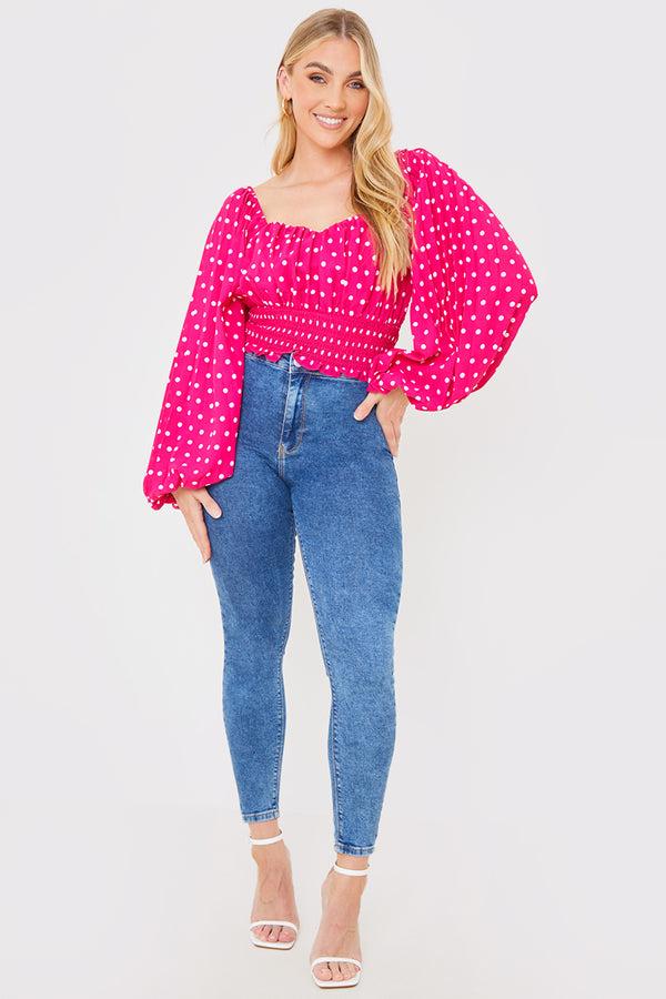 In The Style In The Style Polka Dot Shirred Waist Top Pink