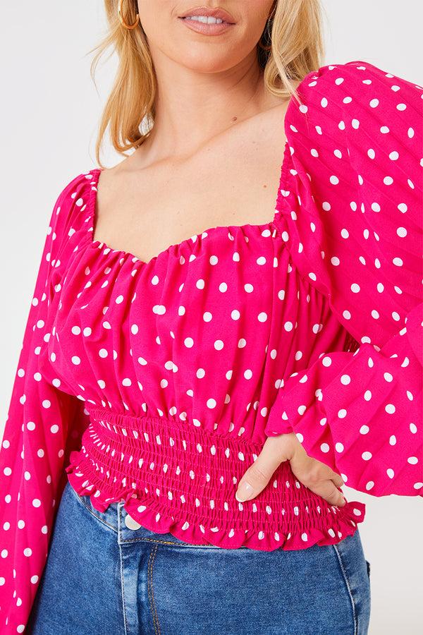 In The Style In The Style Polka Dot Shirred Waist Top Pink
