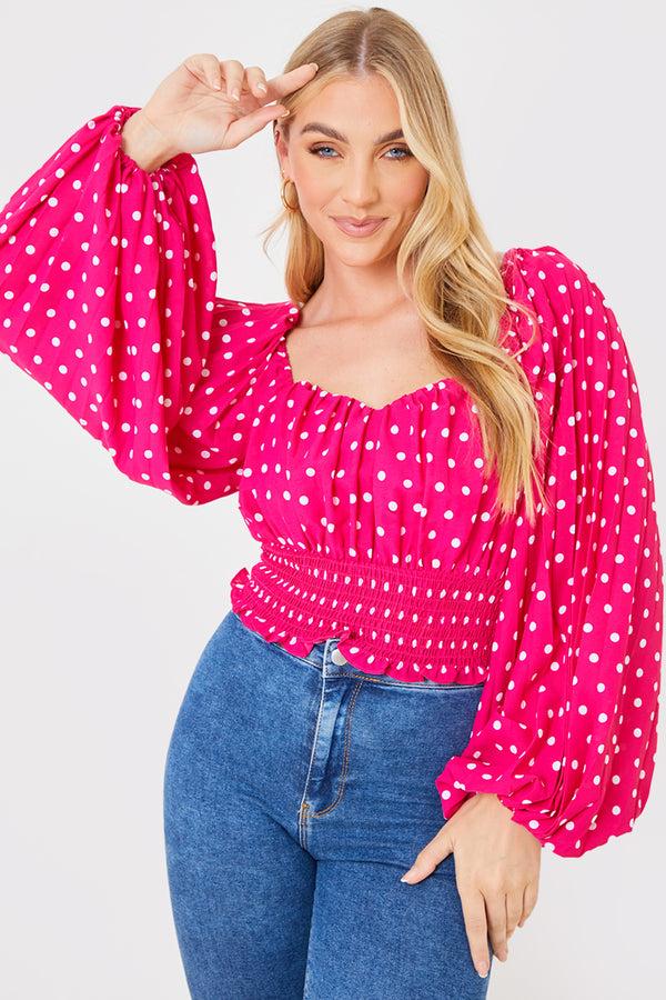 in the style In the Style Polka Dot Shirred Waist Top Pink