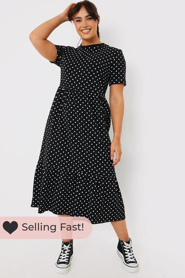 In The Style In The Style Polka Dot Smock Midaxi T-Shirt Dress Black