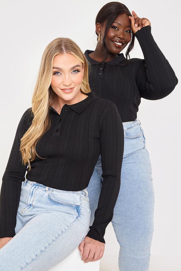 In The Style In The Style Polo Button Detail Rib Top Black