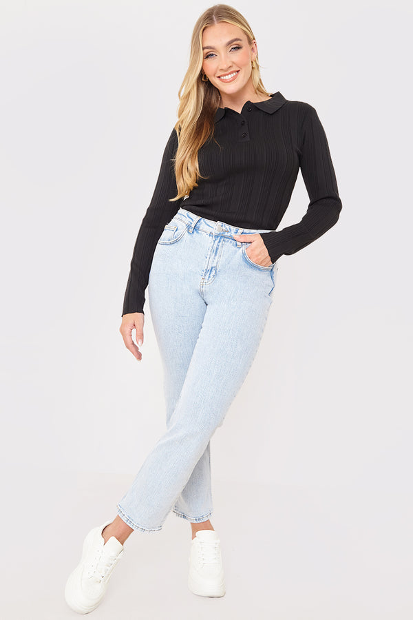 In The Style In The Style Polo Button Detail Rib Top Black