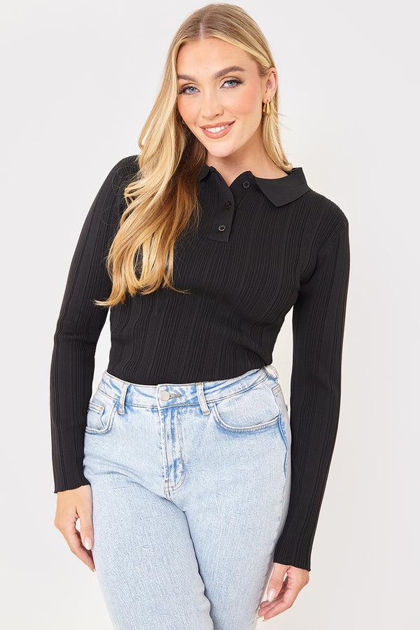 in the style In the Style Polo Button Detail Rib Top Black