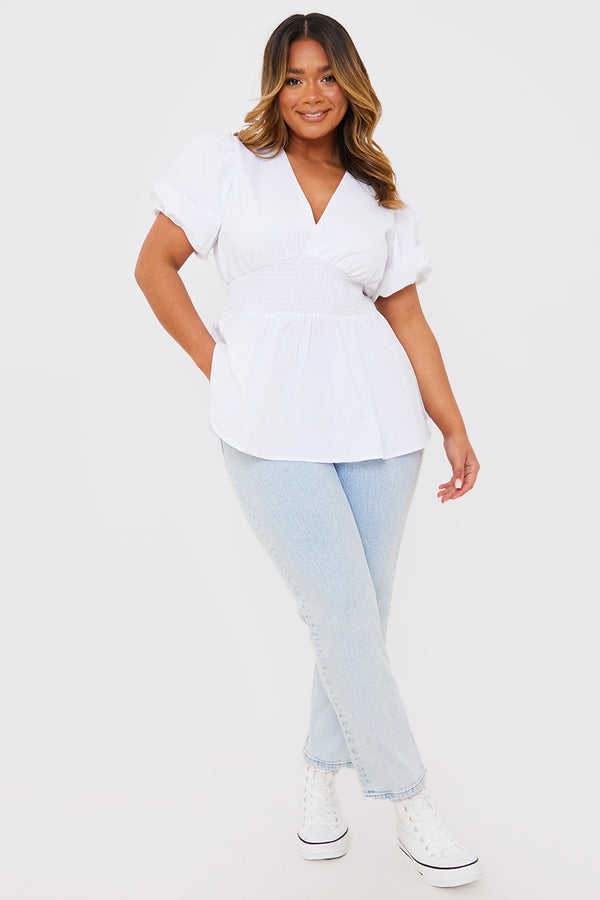 In The Style In The Style Poplin Shirred Waist Puff Sleeve Top White