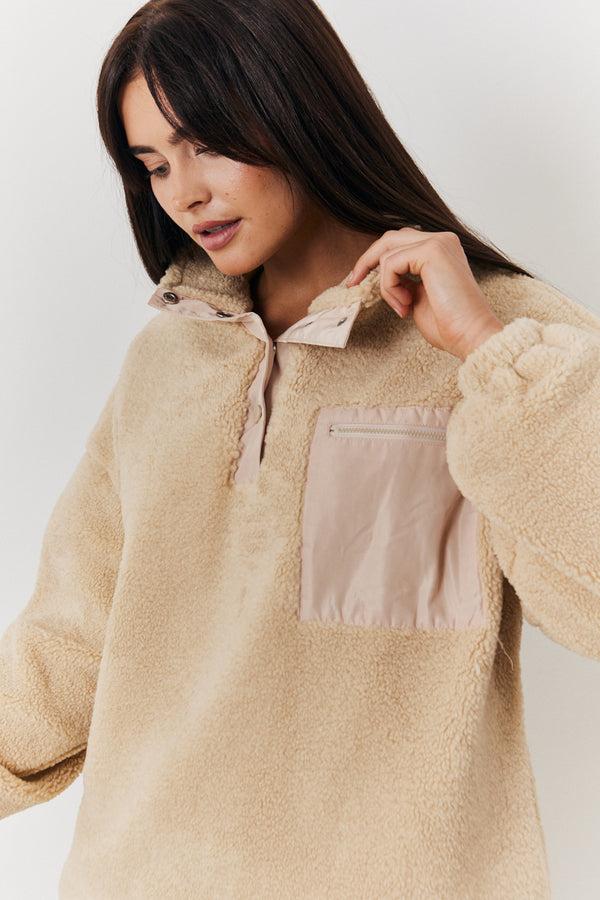 In The Style In The Style Popper Detail Pull Over Borg Jacket Stone