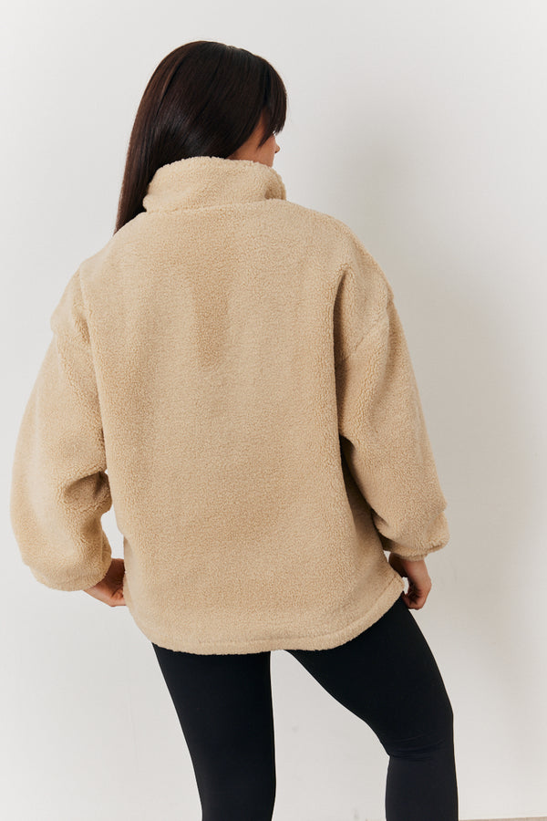 In The Style In The Style Popper Detail Pull Over Borg Jacket Stone