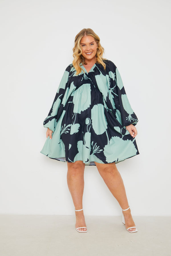 In The Style In The Style Printed Balloon Sleeve N Neck Mini Dress Black