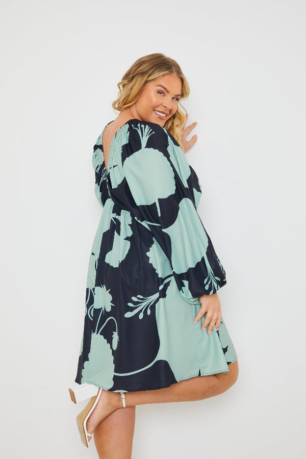 In The Style In The Style Printed Balloon Sleeve N Neck Mini Dress Black