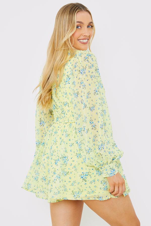 In The Style In The Style Printed Balloon Sleeve Playsuit Yellow