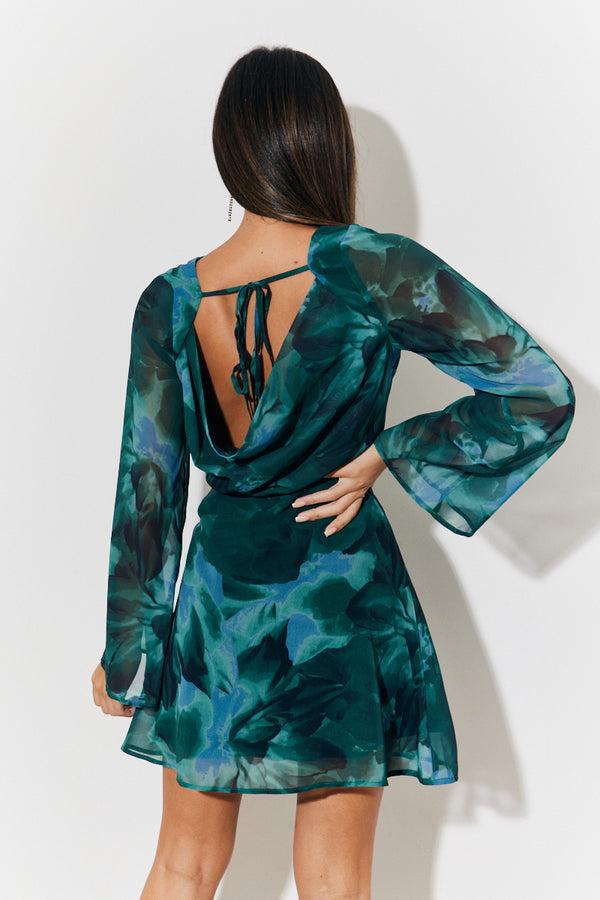 In The Style In The Style Printed Draped Back Boat Neck Mini Dress Green