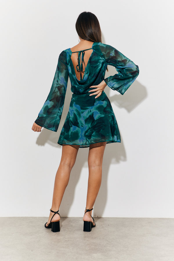 In The Style In The Style Printed Draped Back Boat Neck Mini Dress Green