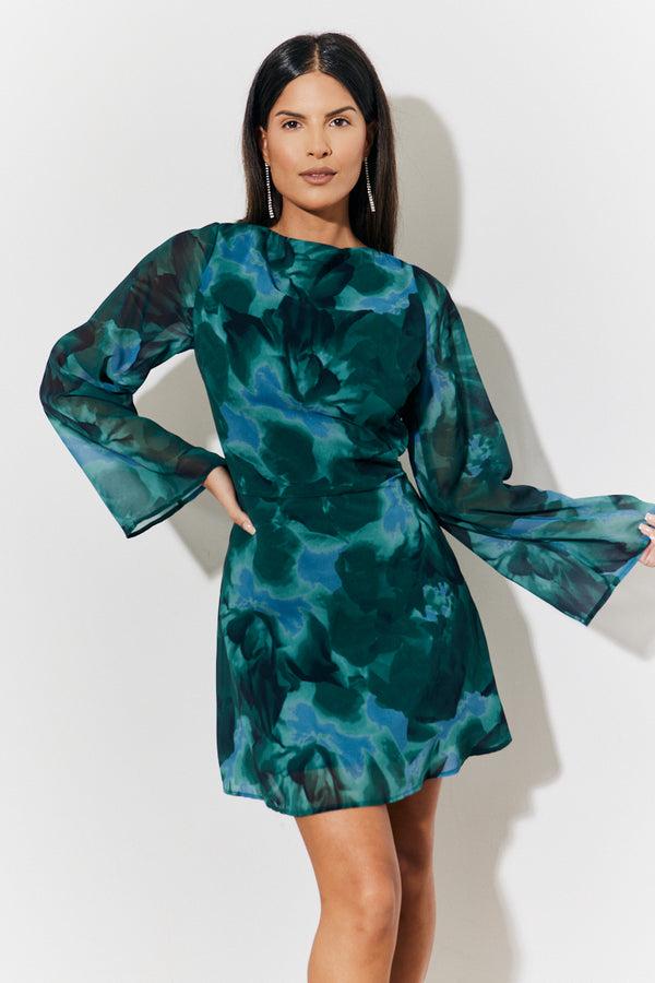 in the style In the Style Printed Draped Back Boat Neck Mini Dress Green