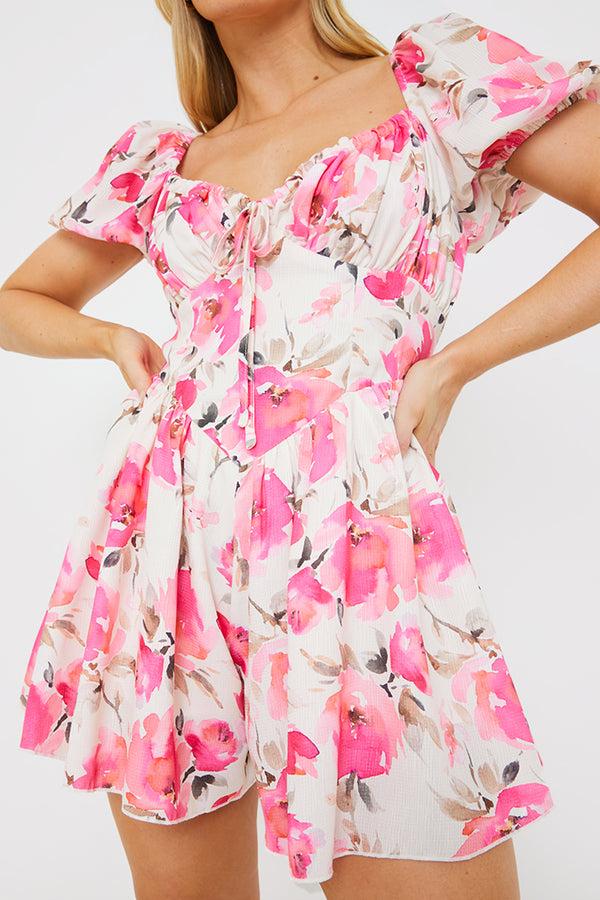 In The Style In The Style Printed Gathered Bust Playsuit Pink