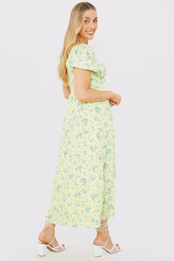 In The Style In The Style Printed Gathered Bust Puff Sleeve Midi Dress Yellow