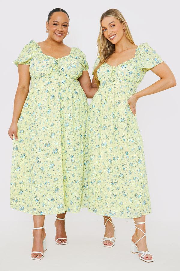 In The Style In The Style Printed Gathered Bust Puff Sleeve Midi Dress Yellow