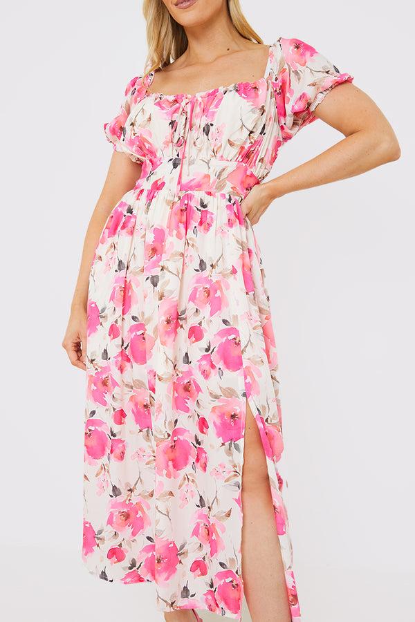 In The Style In The Style Printed Gathered Bust Puff Sleeve Midi Dress Pink