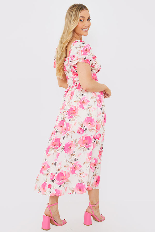 In The Style In The Style Printed Gathered Bust Puff Sleeve Midi Dress Pink