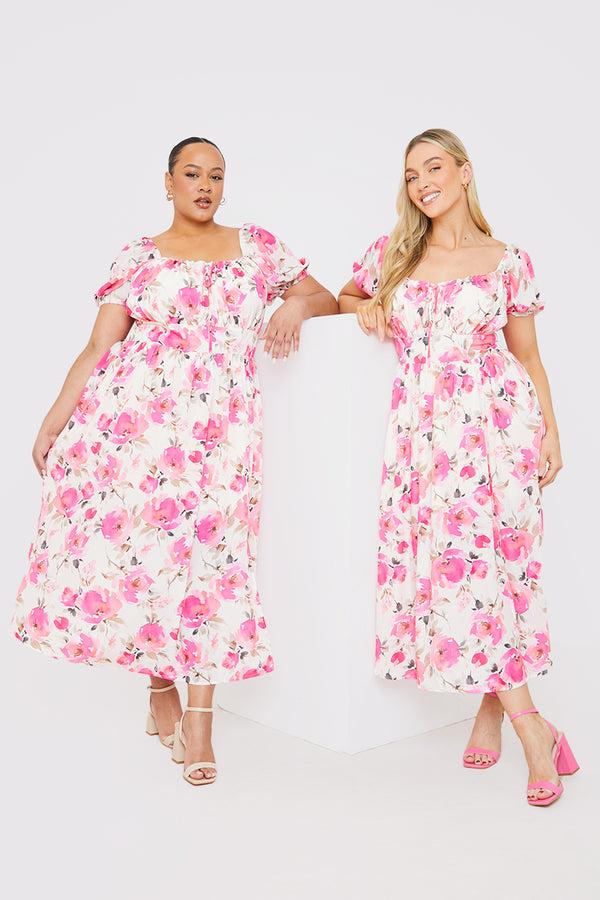 In The Style In The Style Printed Gathered Bust Puff Sleeve Midi Dress Pink