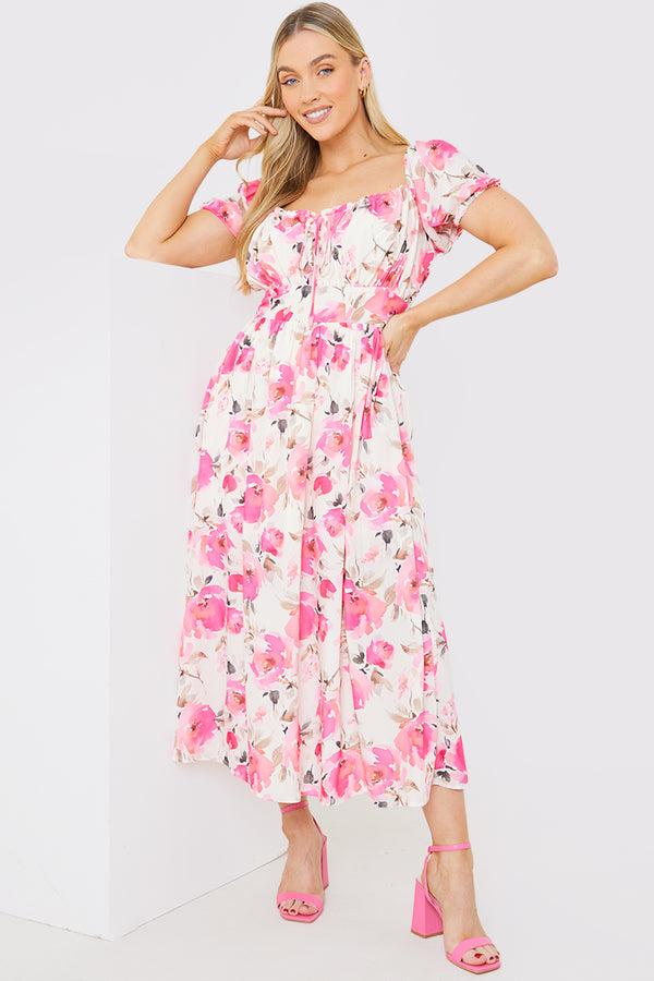 in the style In the Style Printed Gathered Bust Puff Sleeve Midi Dress Pink